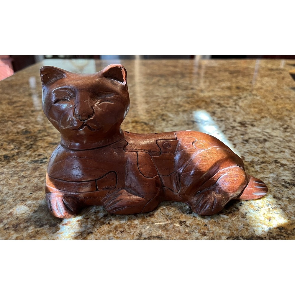 Vintage Wooden Cat Puzzle 3D Figure Numerous Pieces Great Details 7" X 4"